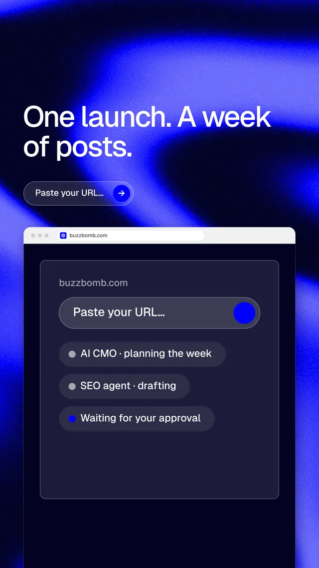 Instagram story for BuzzBomb: "One launch. A week of posts." Agentic glass style, browser layout, dark palette in black, blue.