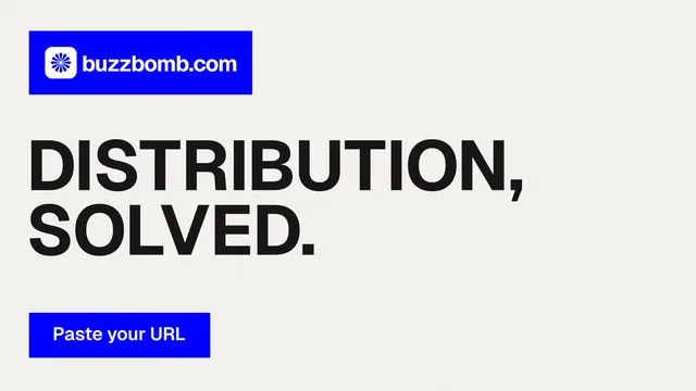 Landscape graphic for BuzzBomb: "Distribution, solved." Swiss style, announce layout, light palette in white, blue.