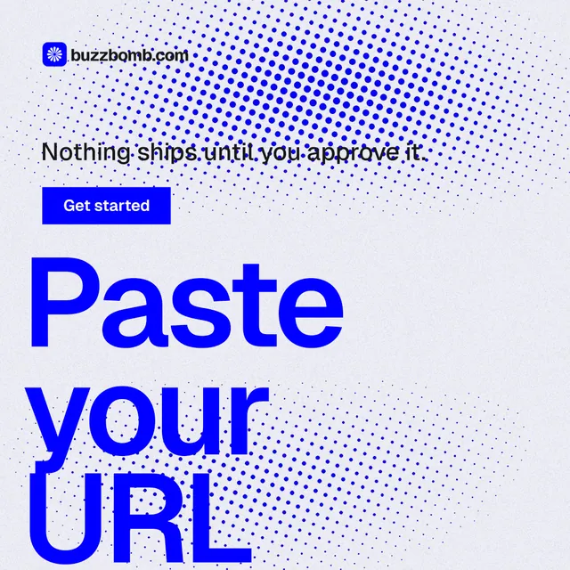 Instagram post for BuzzBomb: "Paste your URL." Swiss style, oversized layout, light palette in white, blue.