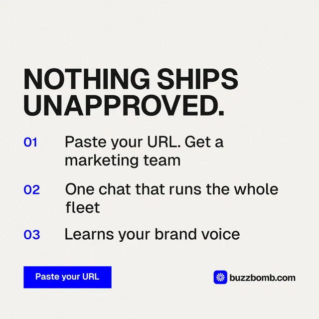 Instagram post for BuzzBomb: "Nothing ships unapproved." Swiss style, numbered layout, light palette in white, grey.