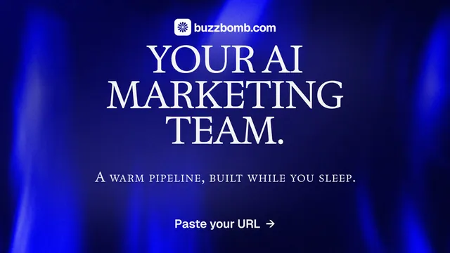 Landscape graphic for BuzzBomb: "Your AI marketing team." Swiss style, smallcaps layout, dark palette in blue.
