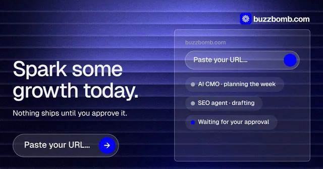 Social ad for BuzzBomb: "Spark some growth today." Agentic glass style, bottom layout, dark palette in blue, black.