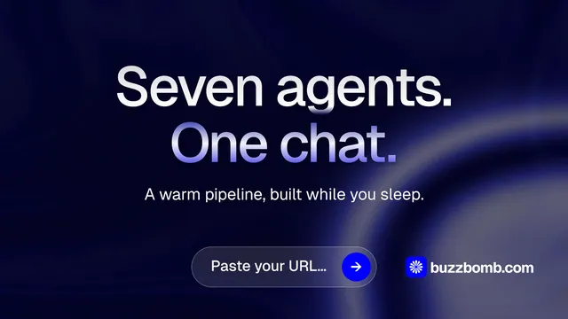 Landscape graphic for BuzzBomb: "Seven agents. One chat." Agentic glass style, centred layout, dark palette in grey, black, blue.