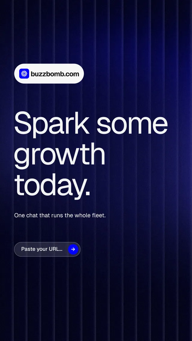 Instagram story for BuzzBomb: "Spark some growth today." Agentic glass style, announce layout, dark palette in black, blue, grey.