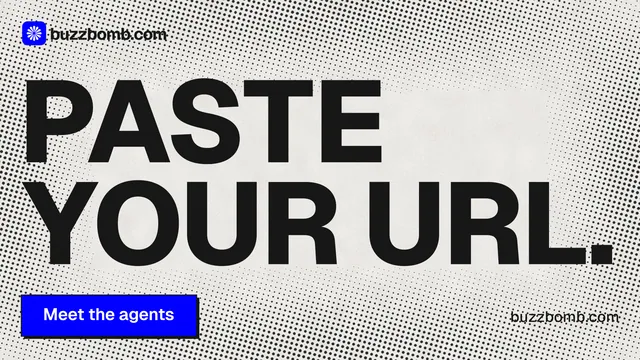 Landscape graphic for BuzzBomb: "Paste your URL." Brutalist style, poster layout, light palette in grey, white, blue.