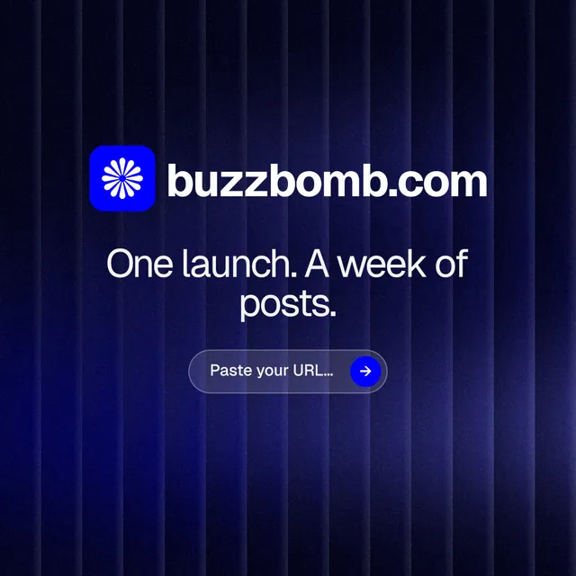 Instagram post for BuzzBomb: "One launch. A week of posts." Agentic glass style, logo hero layout, dark palette in black, blue.