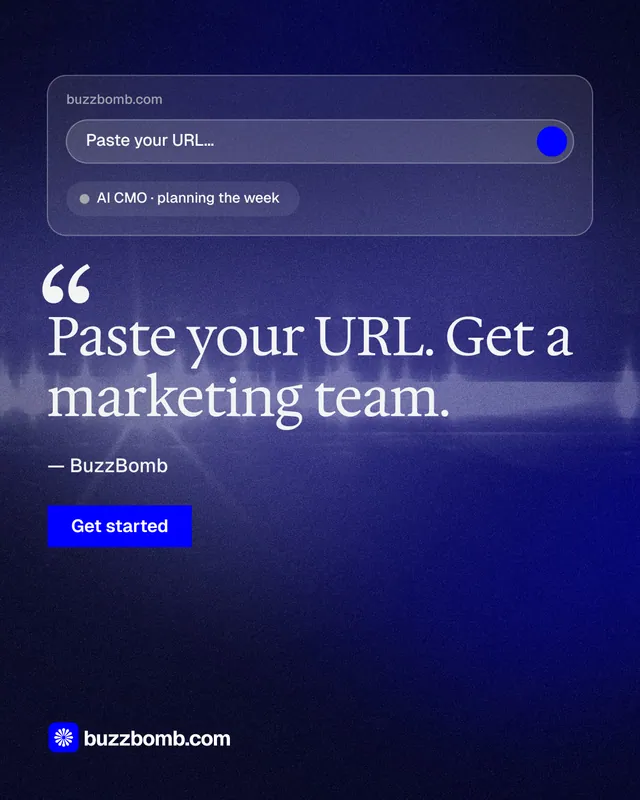 Instagram portrait post for BuzzBomb: "Paste your URL." Swiss style, quote layout, dark palette in black, blue.
