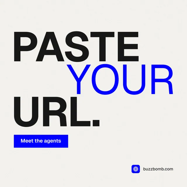 Instagram post for BuzzBomb: "Paste your URL." Swiss style, stacked layout, light palette in white, blue.
