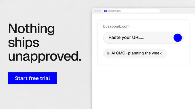 Landscape graphic for BuzzBomb: "Nothing ships unapproved." Swiss style, browser layout, light palette in white, blue.