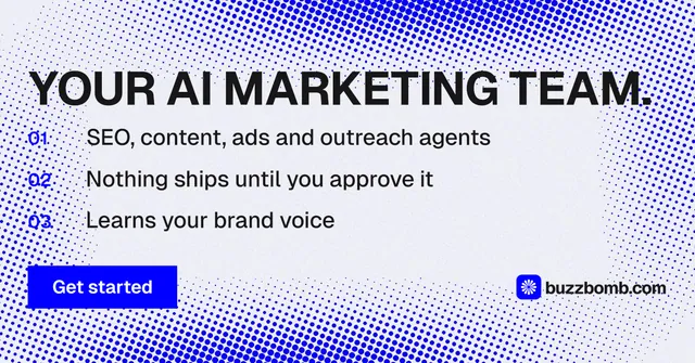 Social ad for BuzzBomb: "Your AI marketing team." Swiss style, numbered layout, light palette in blue, white.