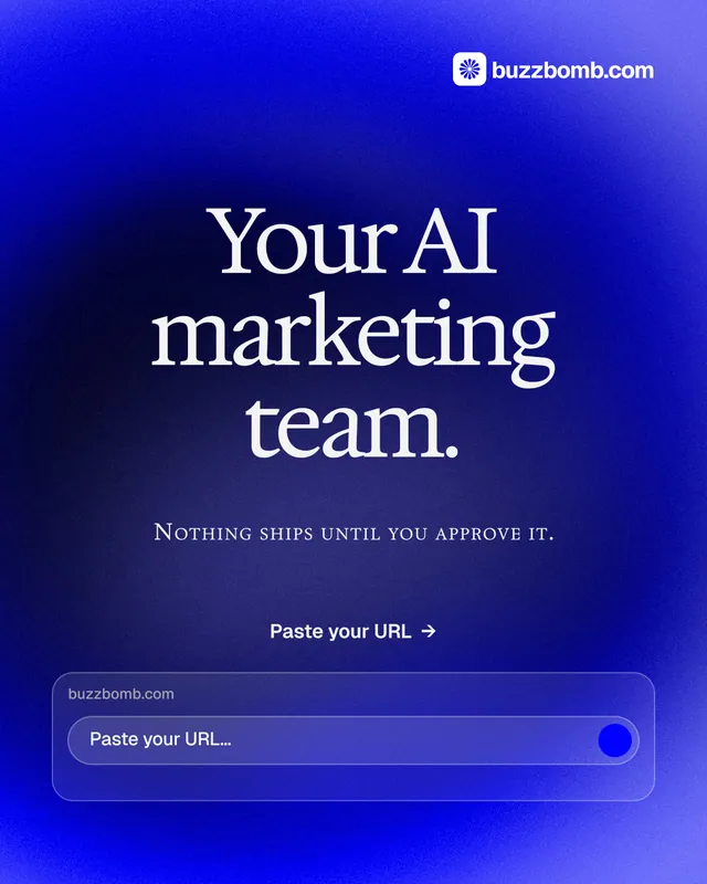 Instagram portrait post for BuzzBomb: "Your AI marketing team." Swiss style, smallcaps layout, dark palette in blue.