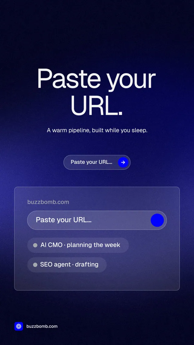 Instagram story for BuzzBomb: "Paste your URL." Agentic glass style, centred layout, dark palette in black, blue.