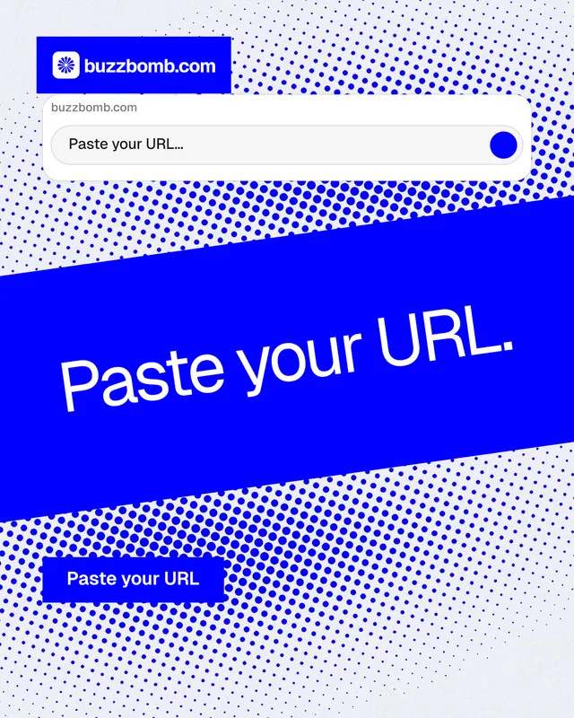 Instagram portrait post for BuzzBomb: "Paste your URL." Swiss style, diagonal layout, light palette in blue, white.