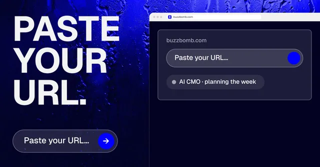 Social ad for BuzzBomb: "Paste your URL." Agentic glass style, browser layout, dark palette in black, blue, grey.