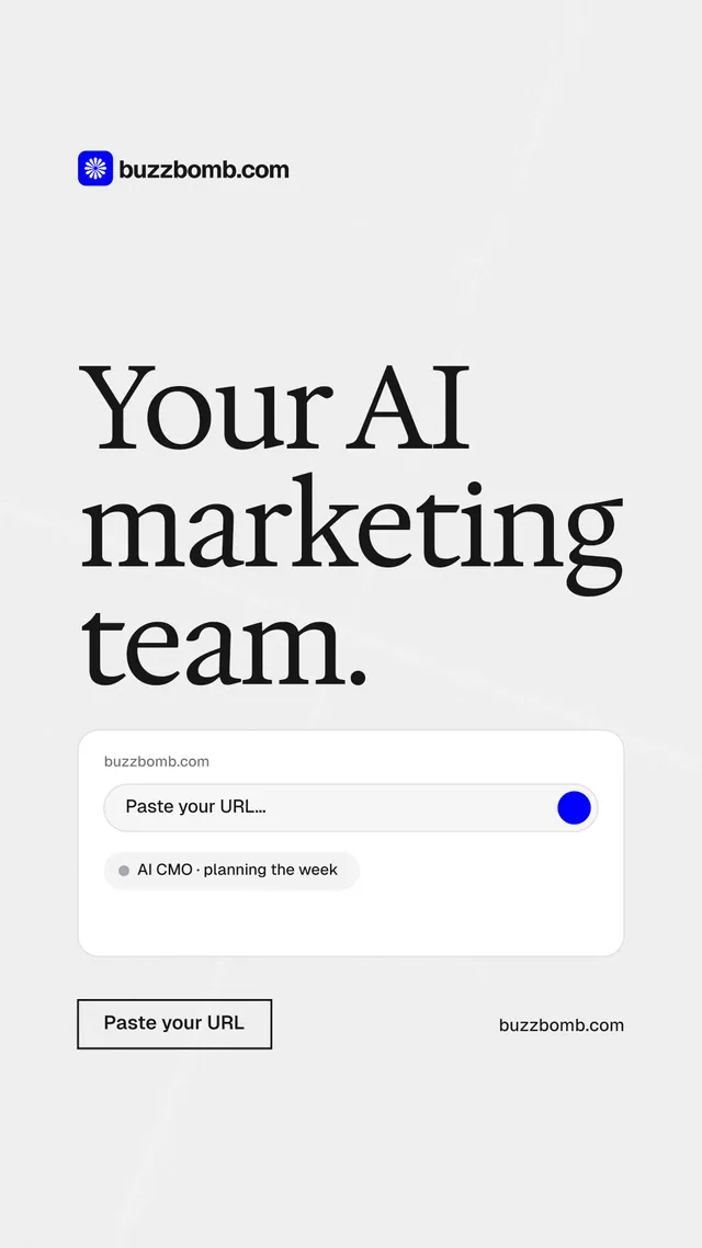 Instagram story for BuzzBomb: "Your AI marketing team." Editorial style, poster layout, light palette in white, grey.