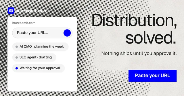 Social ad for BuzzBomb: "Distribution, solved." Swiss style, right layout, light palette in white, grey.