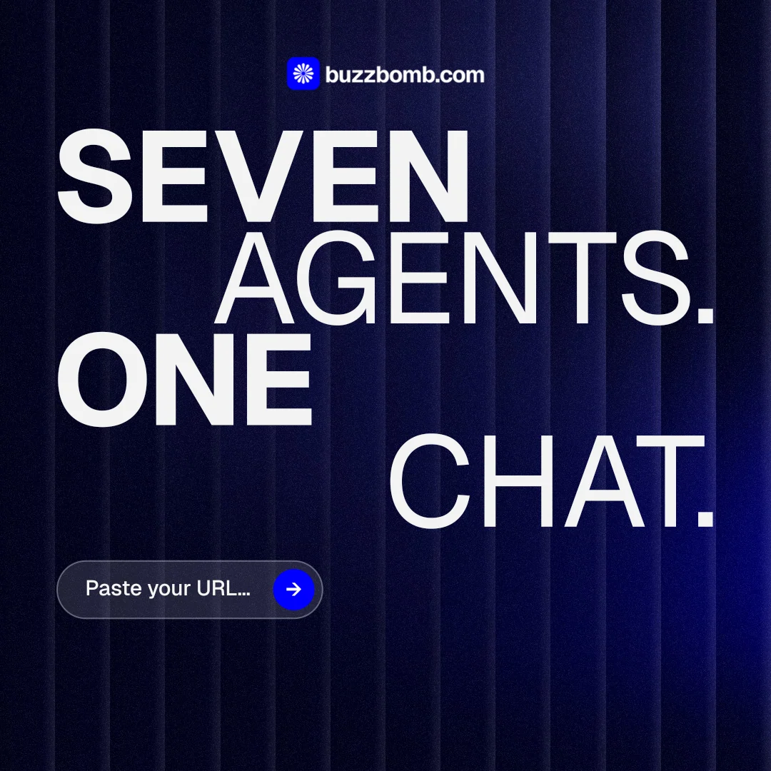 Instagram post for BuzzBomb: "Seven agents. One chat." Agentic glass style, stacked layout, dark palette in black, blue, grey.
