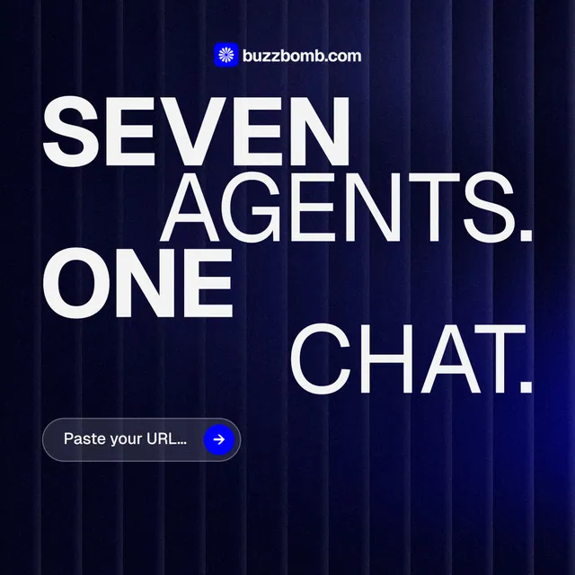 Instagram post for BuzzBomb: "Seven agents. One chat." Agentic glass style, stacked layout, dark palette in black, blue, grey.