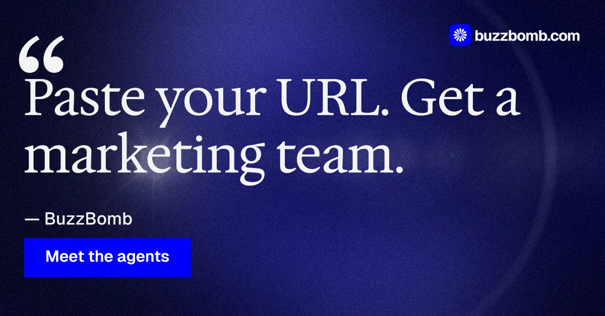 Social ad for BuzzBomb: "Spark some growth today." Swiss style, quote layout, dark palette in black, blue, grey.