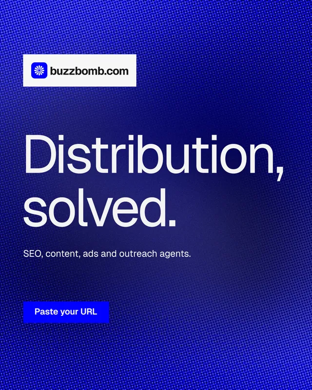 Instagram portrait post for BuzzBomb: "Distribution, solved." Swiss style, announce layout, dark palette in blue.