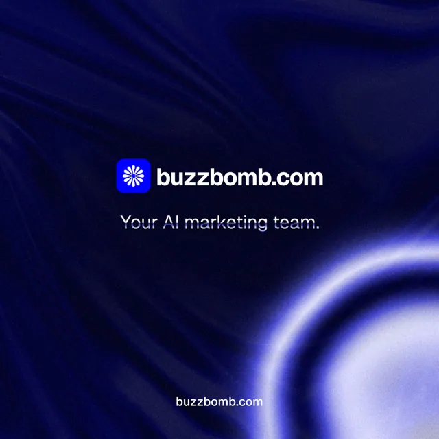 Instagram post for BuzzBomb: "Your AI marketing team." Agentic glass style, end card layout, dark palette in black, blue.