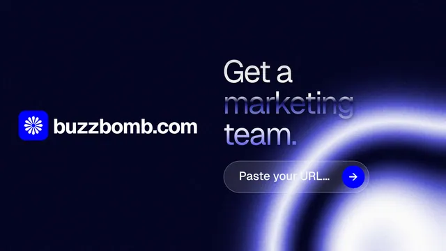 Landscape graphic for BuzzBomb: "Get a marketing team." Agentic glass style, logo hero layout, dark palette in black, blue.