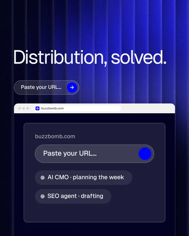 Instagram portrait post for BuzzBomb: "Distribution, solved." Agentic glass style, browser layout, dark palette in black, blue, grey.