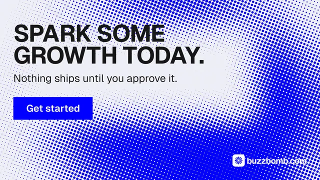 Landscape graphic for BuzzBomb: "Spark some growth today." Swiss style, skeleton layout, light palette in blue, white.