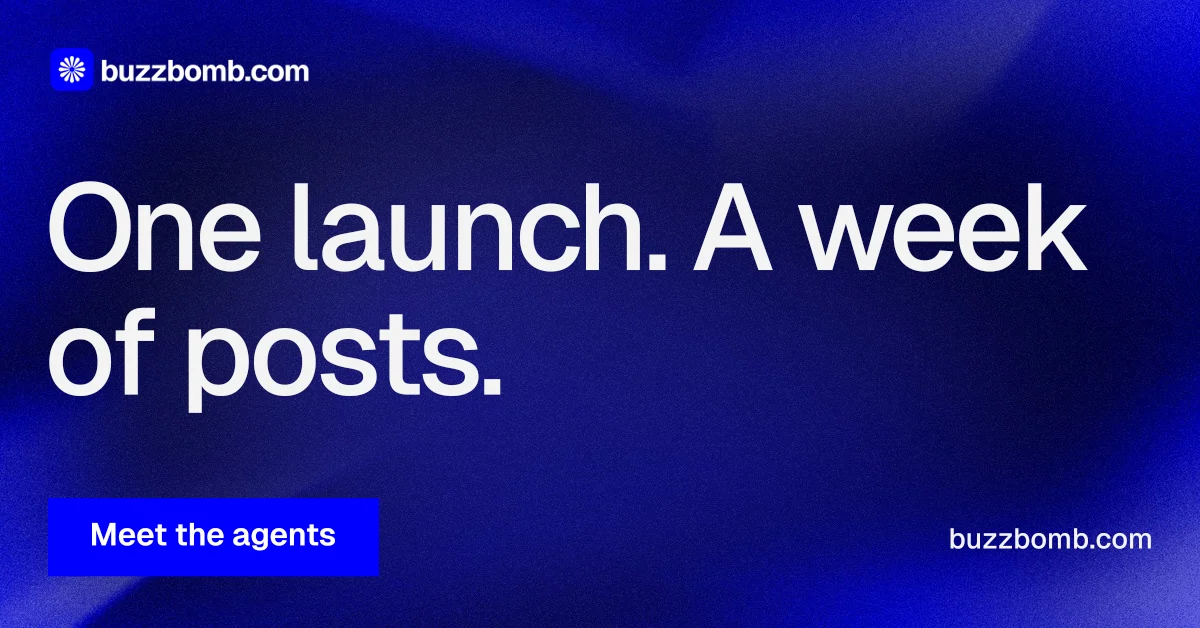 Social ad for BuzzBomb: "One launch. A week of posts." Swiss style, poster layout, dark palette in blue.