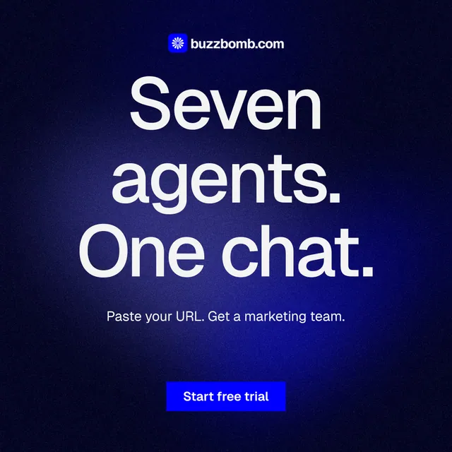 Instagram post for BuzzBomb: "Seven agents. One chat." Swiss style, centred layout, dark palette in black, blue.