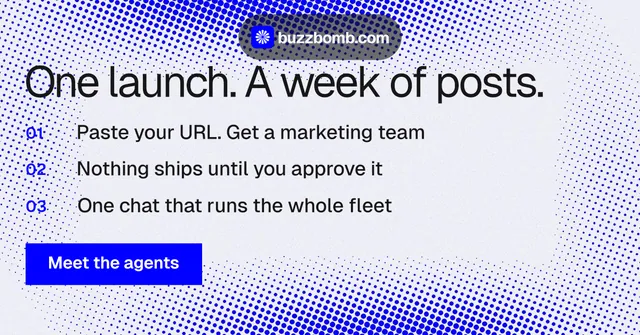 Social ad for BuzzBomb: "One launch. A week of posts." Swiss style, numbered layout, light palette in blue, white.