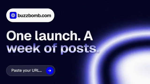 Landscape graphic for BuzzBomb: "One launch. A week of posts." Agentic glass style, announce layout, dark palette in black, blue.