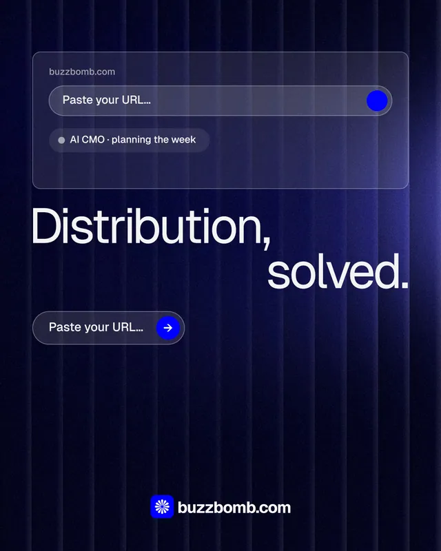 Instagram portrait post for BuzzBomb: "Distribution, solved." Agentic glass style, stacked layout, dark palette in blue, black.