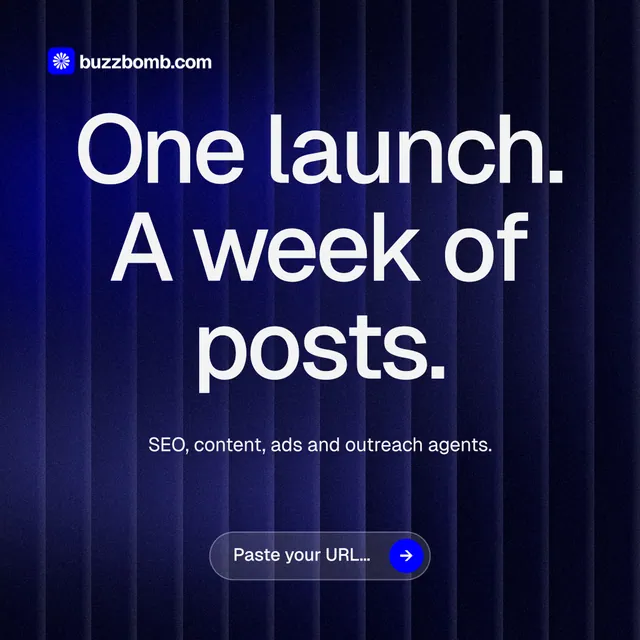 Instagram post for BuzzBomb: "One launch. A week of posts." Agentic glass style, centred layout, dark palette in black, blue, grey.
