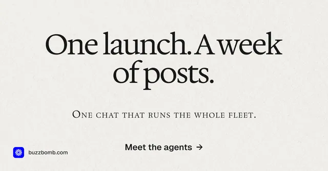 Social ad for BuzzBomb: "One launch. A week of posts." Swiss style, smallcaps layout, light palette in white.