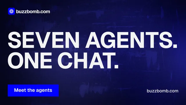 Landscape graphic for BuzzBomb: "Seven agents. One chat." Swiss style, poster layout, dark palette in blue, black, grey.