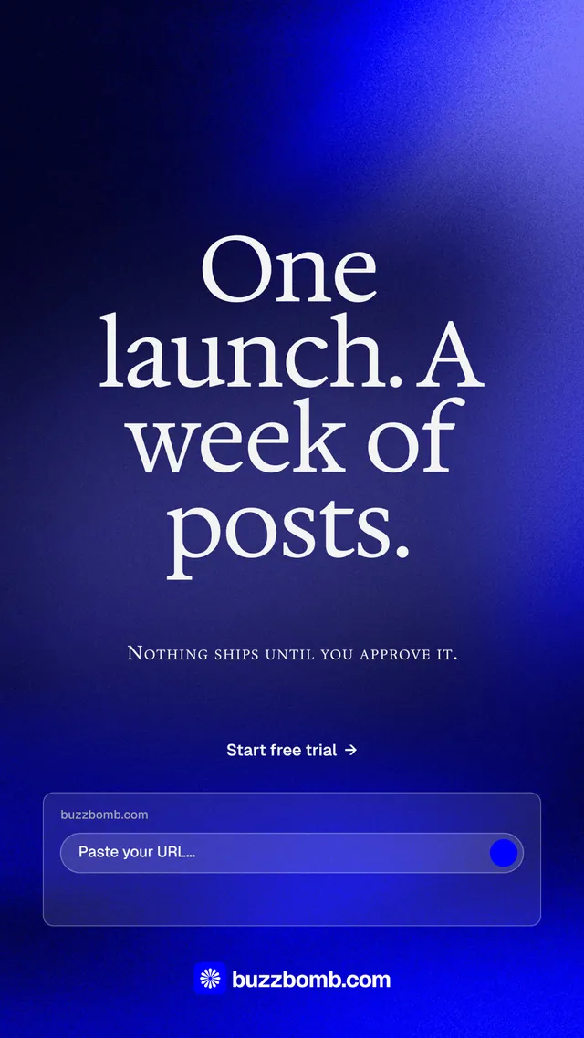 Instagram story for BuzzBomb: "One launch. A week of posts." Agentic glass style, smallcaps layout, dark palette in blue.
