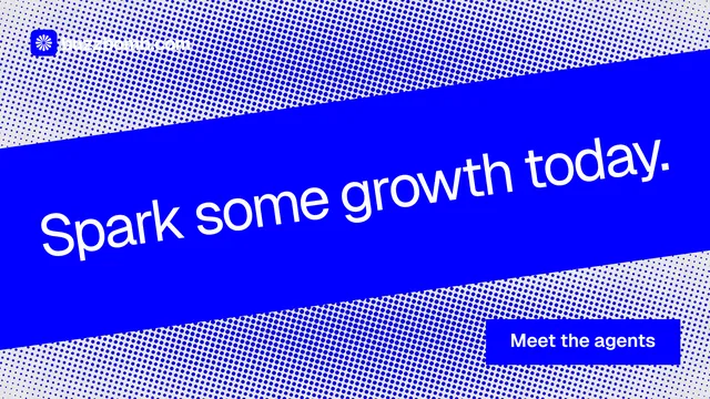 Landscape graphic for BuzzBomb: "Spark some growth today." Swiss style, diagonal layout, dark palette in blue.