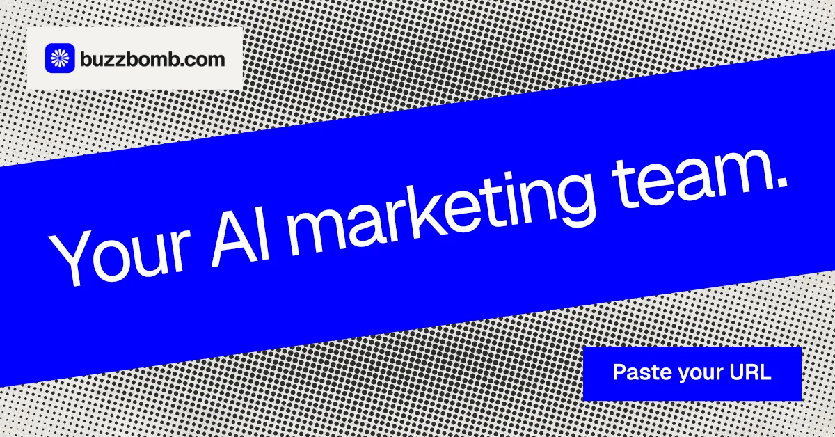 Social ad for BuzzBomb: "Your AI marketing team." Swiss style, diagonal layout, dark palette in blue, grey, white.