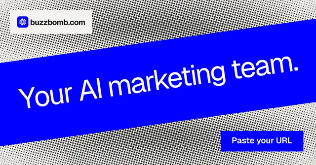 Social ad for BuzzBomb: "Your AI marketing team." Swiss style, diagonal layout, dark palette in blue, grey, white.