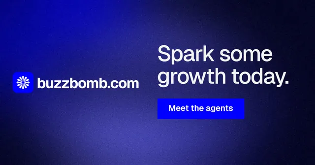 Social ad for BuzzBomb: "Spark some growth today." Swiss style, logo hero layout, dark palette in black, blue.