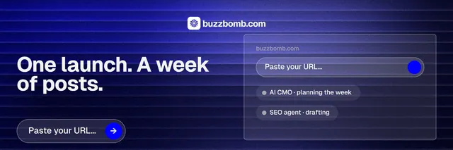 X header for BuzzBomb: "One launch. A week of posts." Agentic glass style, bottom layout, dark palette in blue.