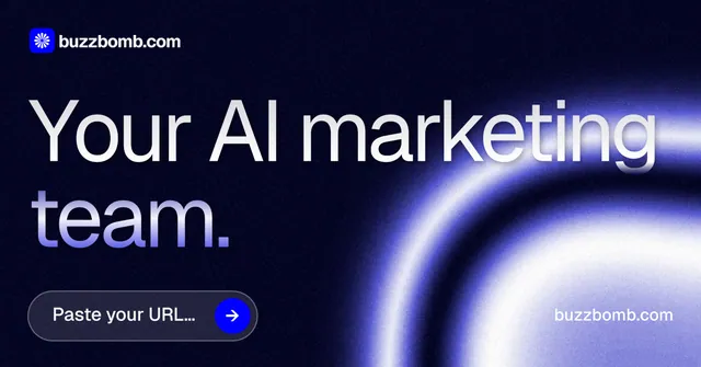 Social ad for BuzzBomb: "Your AI marketing team." Agentic glass style, poster layout, dark palette in black, blue.