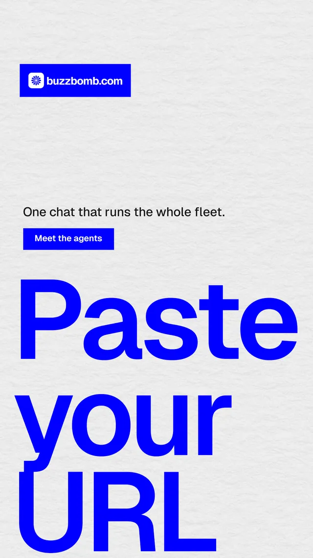 Instagram story for BuzzBomb: "One launch. A week of posts." Swiss style, oversized layout, light palette in white, blue.