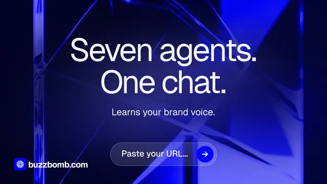 Landscape graphic for BuzzBomb: "Seven agents. One chat." Agentic glass style, centred layout, dark palette in black, blue.