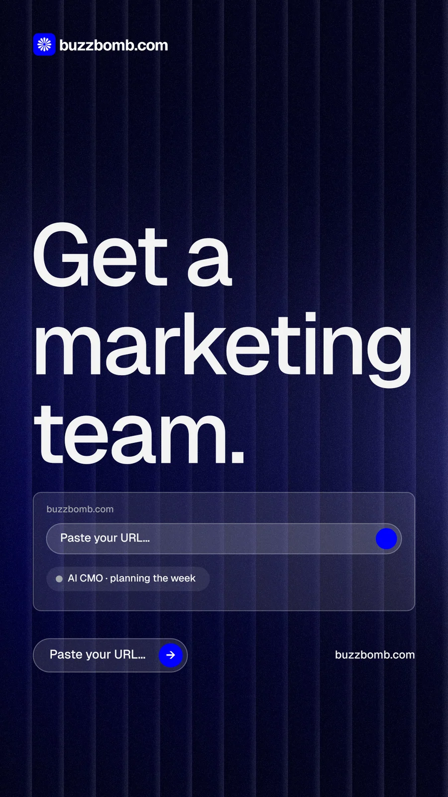 Instagram story for BuzzBomb: "Get a marketing team." Agentic glass style, poster layout, dark palette in blue, black, grey.