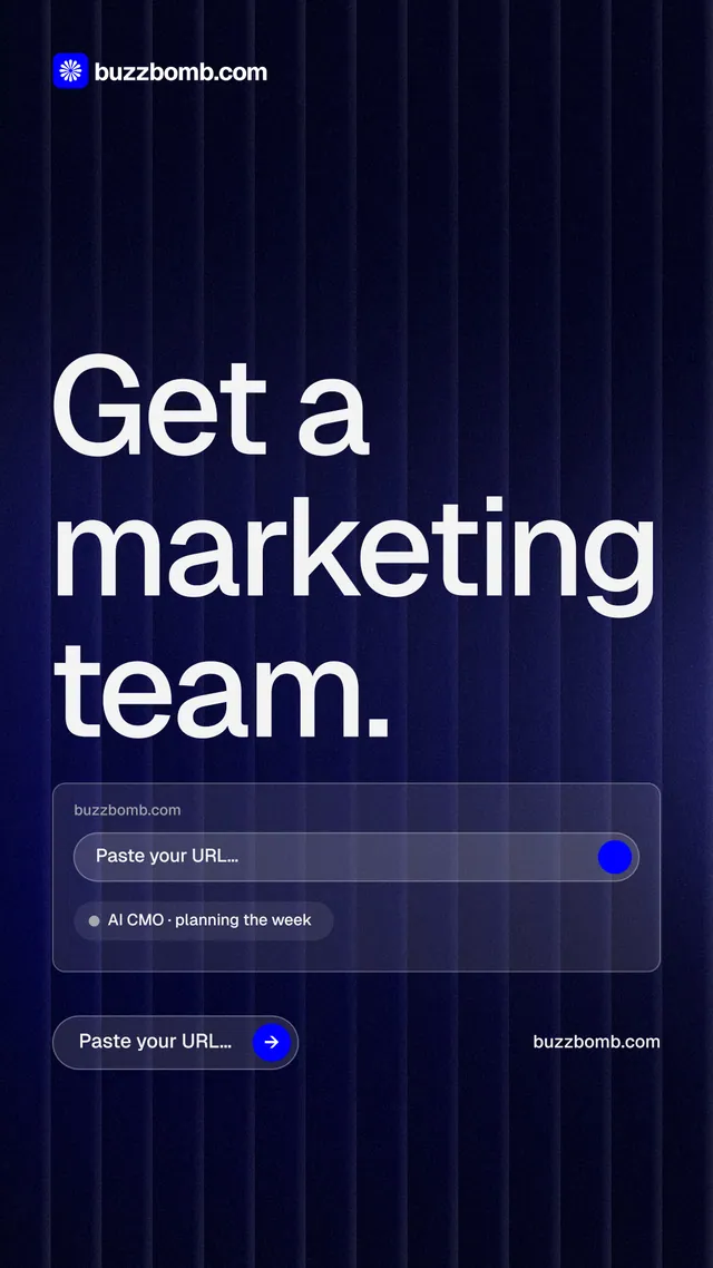 Instagram story for BuzzBomb: "Get a marketing team." Agentic glass style, poster layout, dark palette in blue, black, grey.