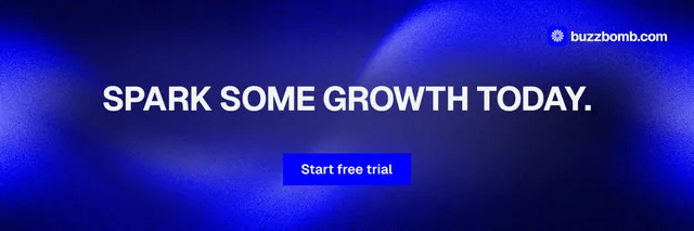 X header for BuzzBomb: "Spark some growth today." Swiss style, centred layout, dark palette in blue.