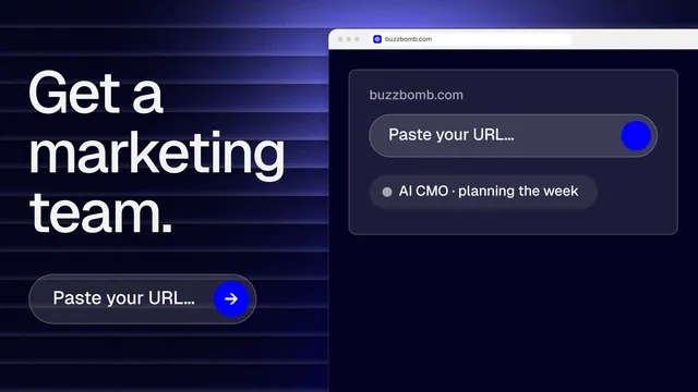 Landscape graphic for BuzzBomb: "Get a marketing team." Agentic glass style, browser layout, dark palette in blue, black, grey.
