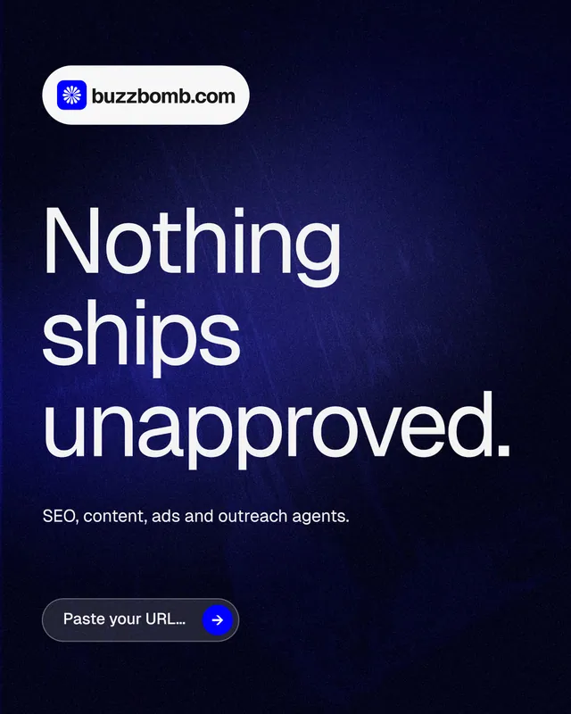 Instagram portrait post for BuzzBomb: "Nothing ships unapproved." Agentic glass style, announce layout, dark palette in black, blue, grey.